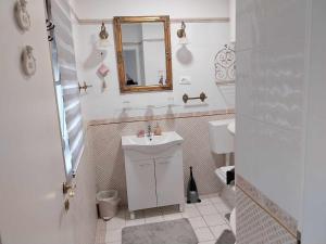 a white bathroom with a sink and a mirror at AUTOMOTODROM GROBNIK - Apartments and Rooms Skejić in Čavle +126 photos