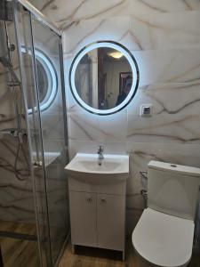 a bathroom with a toilet and a sink and a mirror at Oliwkowe Jerzykowo -klimatyzacja in Radzieje +29 photos