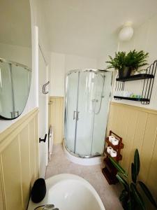 a bathroom with a glass shower and a sink at The Tower House B&B in Thomastown +60 photos