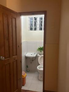 a bathroom with a toilet and a sink and a window at VidHuset Homestay Sagada in Sagada