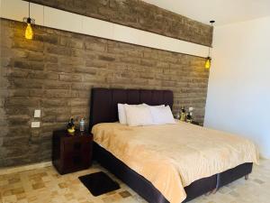 a bedroom with a large bed with a brick wall at Hotel Boutique Embrujo Deseo in Parras de la Fuente