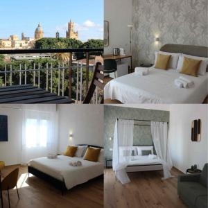 una camera d'albergo con un letto e un balcone di Cinquantotto Cozy Rooms a Palermo