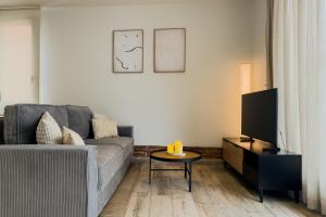 Una sala de estar con un sofá gris y una mesa. en Novus Homes Barcelona Plaza España, en Barcelona