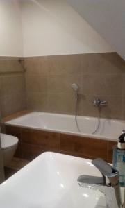 a bathroom with a bath tub and a sink at Haus Erlenmoos in Sankt Georgen im Schwarzwald