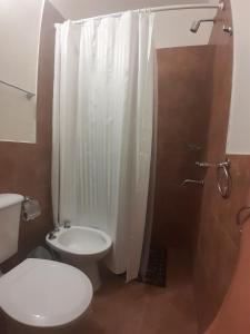 a bathroom with a toilet and a shower with a shower curtain at Cafayate Suite in Cafayate
