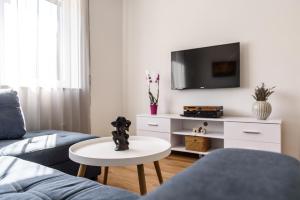a living room with a couch and a tv and a table at Villa Mária Marta in Mirce
