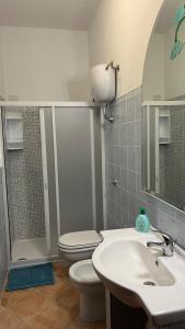 a bathroom with a shower and a toilet and a sink at Open Space s'Ollastu con WiFi, Patio e Aria Condizionata in Cardedu