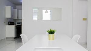 a white kitchen with a table and a potted plant at Arecibo Hotel 2104 in Arecibo