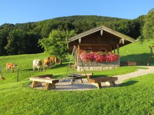 a building with a bunch of flowers in a field at Schleipfnerhof Urlaub auf dem Bauernhof in Bernau am Chiemsee