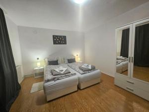 a bedroom with a bed and a dresser and a mirror at Apartmani Tea in Kutjevo
