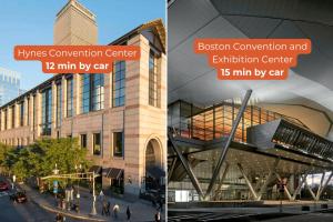 two pictures of a building with the words kings convention center and min by car at 3BR2Bth Parking Cambridge Boston W&D Subway AC in Somerville
