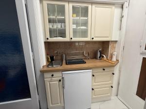 a kitchen with white cabinets and a sink at Buda Blue in Budapest