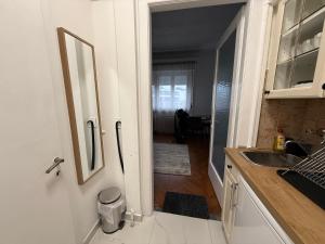 a kitchen with a sink and a door to a hallway at Buda Blue in Budapest