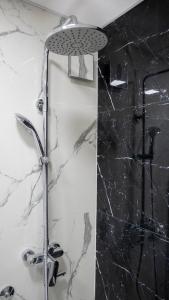 a shower in a bathroom with a black marble wall at Apartman Innocence Sajam in Novi Sad +21 photos