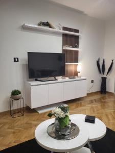 a living room with a tv and a table at Apartman Innocence Sajam in Novi Sad