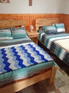 two beds sitting next to each other in a room at cabañas y tiny house los arrayanes in Pucón