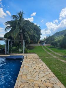 a swimming pool with a palm tree next to a house at Chácara 2 irmãos in São Pedro