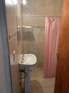 baño con lavabo y cortina de ducha rosa en Ayacucho aparts Mendoza, en Mendoza 28 fotos más