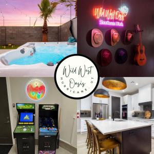 a collage of photos of a restaurant with a jukebox and a pool at Wild West Oasis - Experienced Hosts, 2 King Suites in Hurricane