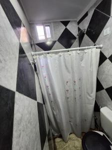 a bathroom with a shower curtain and a toilet at Depto Dolores in Dolores