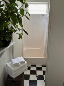 a bathroom with a shower with towels on a checkered floor at The Riverine Club in Wagga Wagga
