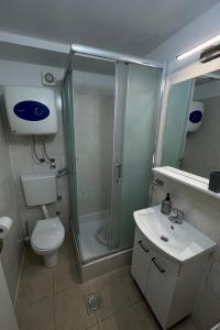 un bagno con doccia, WC e lavandino di Apartments with a parking space Omis - 23914 a Omiš (Almissa)