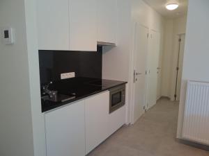 ニーウポールトにあるApartment Nieuwpoort near Beachのシンクと電子レンジを備えた白いキッチン +32枚の写真