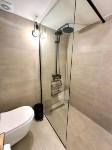 a bathroom with a toilet and a glass shower at KYMA sea view apartment 40 meters from the beach in Makry Gialos