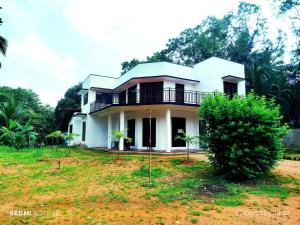 a white house in a field with a tree at Mihitha Resort in Mihintale
