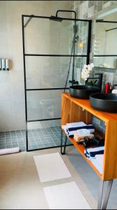 a bathroom with a sink and a glass shower at Villa CANELLE FWI 4 Étoiles piscine jacuzzi beach surf in Le Moule