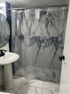 baño con cortina de ducha de mármol y lavamanos en New Kingston Vibes, en Kingston 37 fotos más