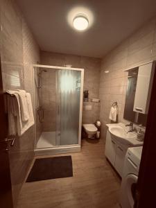 a bathroom with a shower and a toilet and a sink at Adriatic Escape Apartments in Mokošica +12 photos