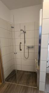 a bathroom with a shower and a toilet at Haus Marienblick in Beeskow