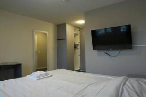 ein Zimmer mit einem Bett und einem Flachbildfernseher an der Wand in der Unterkunft Hotel Winkel in Schönenwerd