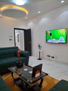 a living room with a green couch and a tv at Seckebe Immo et business DAKAR Suite 1 -gauche- in Dakar