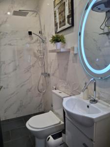 a bathroom with a shower and a toilet and a sink at Seckebe Immo et business DAKAR Suite 1 -gauche- in Dakar +27 photos