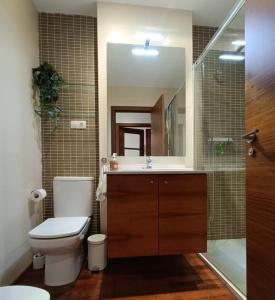 a bathroom with a toilet and a sink and a mirror at Carmen y Em's Retreat in Rubielos de Mora +17 photos