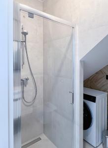 a shower with a glass door in a bathroom at Rio Apartamenty Żłobizna in Złobizna