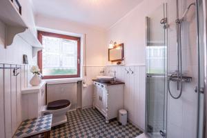 a bathroom with a toilet and a sink and a shower at Chiemgau Idyll in Bergen +12 photos