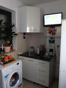 a kitchen with a washing machine and a dishwasher at casa lidia in Brăila
