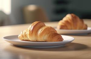 dos croissants en platos blancos en una mesa en B&B Camera a Sud Maris, en Trani