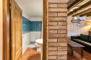a bathroom with a toilet and a brick wall at Cal Matalí in Espolla +26 photos