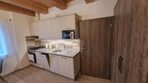 eine kleine Küche mit Spüle und Mikrowelle in der Unterkunft Apartmán Nové Město na Moravě - Maršovice in Nové Město na Moravě