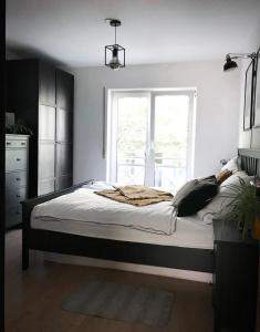 a bedroom with a large bed with a window at Zentrumsnahe Wohnung mit Sonnenterrasse in Leipzig +21 photos
