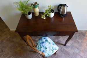a wooden table with a chair with plants on it at Agriturismo Morani in Santa Severa