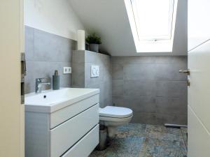 bagno con servizi igienici, lavandino e lucernario. di Ferienwohnung Aufhausen - die Sternengucker-Wohnung im 5-Seen-Land a Berg am Starnberger See