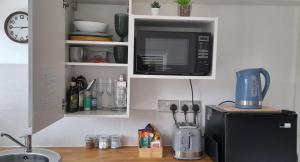 eine Küche mit einer Theke, einer Mikrowelle und einem Kühlschrank in der Unterkunft Forest Palms Studio The New Forest National Park in Fordingbridge + 26 Fotos