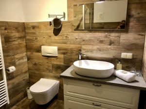 a bathroom with a sink and a toilet at kleine meerZeit, süßes Knusperhäuschen mit Kaminofen in Fehmarn