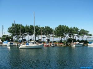 a group of boats are docked in the water at kleine meerZeit, süßes Knusperhäuschen mit Kaminofen in Fehmarn