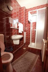 une salle de bain carrelée rouge avec toilettes et lavabo dans l'établissement Hostel Cora, à Haţeg